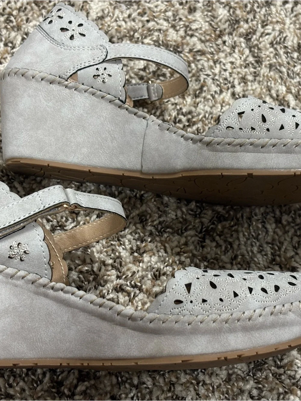 Patrizia Khaki Leather Cut-Out Floral Ankle Strap Buckle Wedge Sandals US 8 NWOT